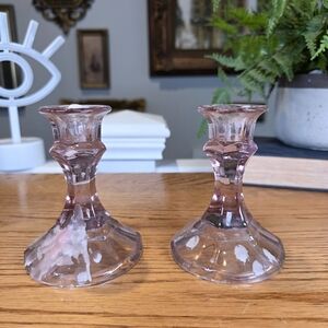 Vintage Pink Depression Glass Candlestick Holders Hexagon Base Set of 2 MCM 4"